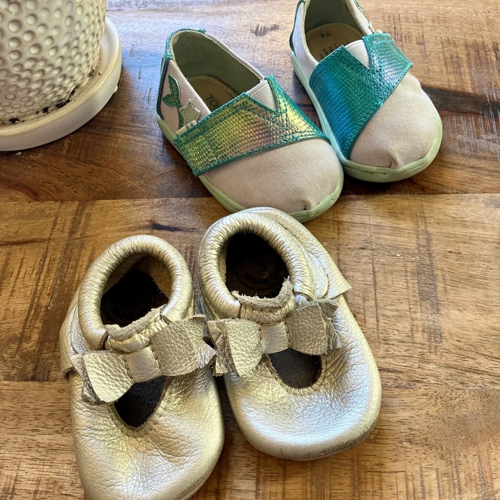 Freshly Picked gold bow Mocasines  Size 3 and Mermaid Toms Size 4